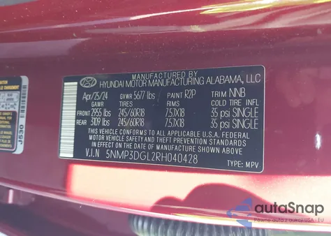 2024 Hyundai Santa Fe Xrt z USA, uszkodzony, nr VIN 5NMP3DGL2RH040428